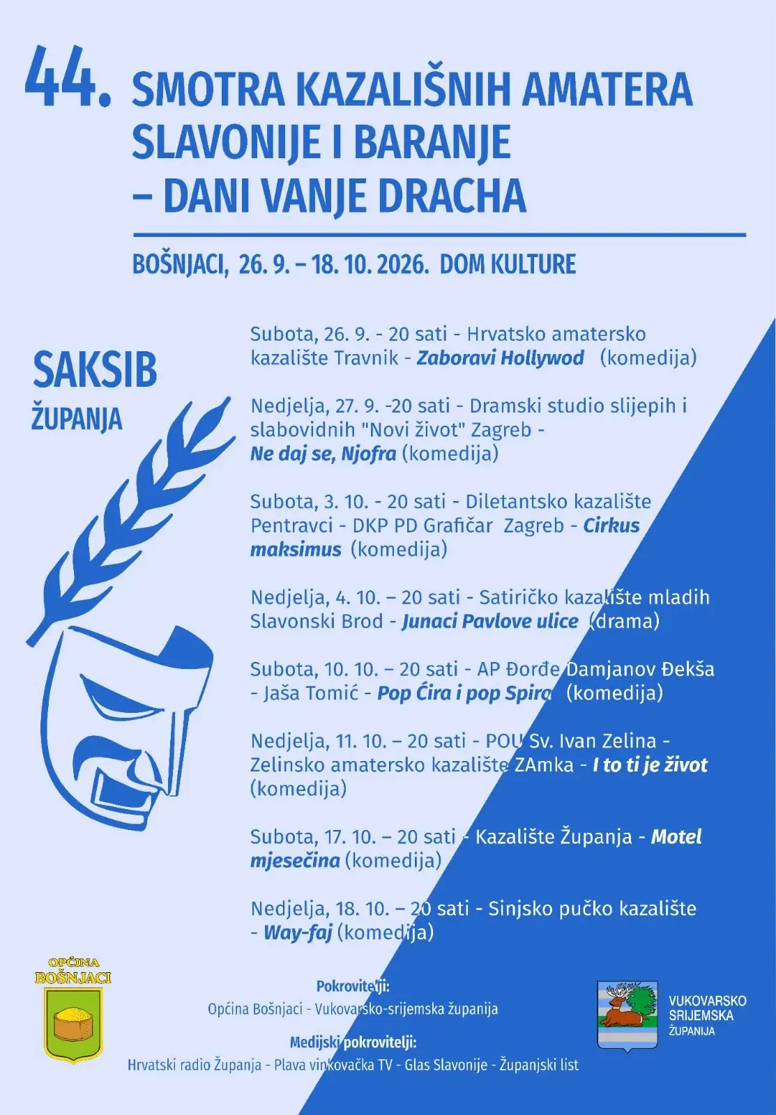 Smotra kazališnih amatera Slavonije i Baranje od 26. rujna u Bošnjacima 
