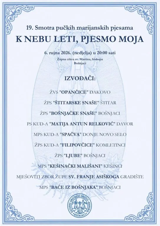 U Bošnjacima 19. Smotra pučkih marijanskih pjesama “K nebu leti, pjesmo moja”
